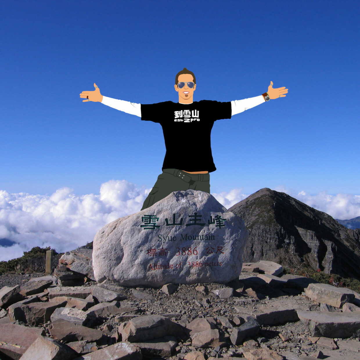 cartoon figure stands on a real mountain peak